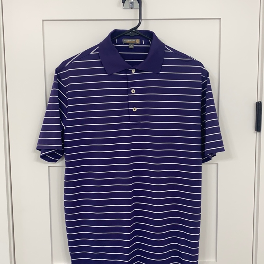 purple & white striped Peter Millar golf polo